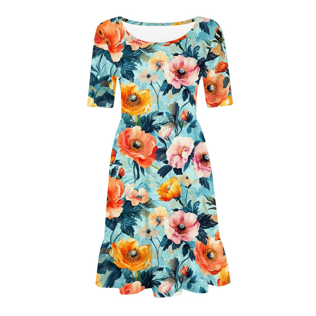 Damen Casual Rundhals Kurzarmkleid Lockeres Taillenplisseekleid Taillenplisseekleid