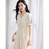 [Temperament Waist Cinching Skirt] 2025 Summer Simple, Light Luxury V-neck, High-end Feeling, Cut Flower Medium Long Dress for Women
