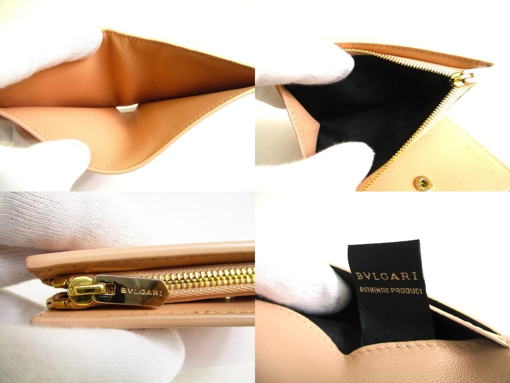 Authentic BVLGARI Logo Infiniteum Pink Beige Leather Bifold Wallet Compact Wallet #b169  Open Box