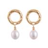S925 Gold Geometric Circle Stud Earrings with Natural Pearls & Pleated Texture for Women