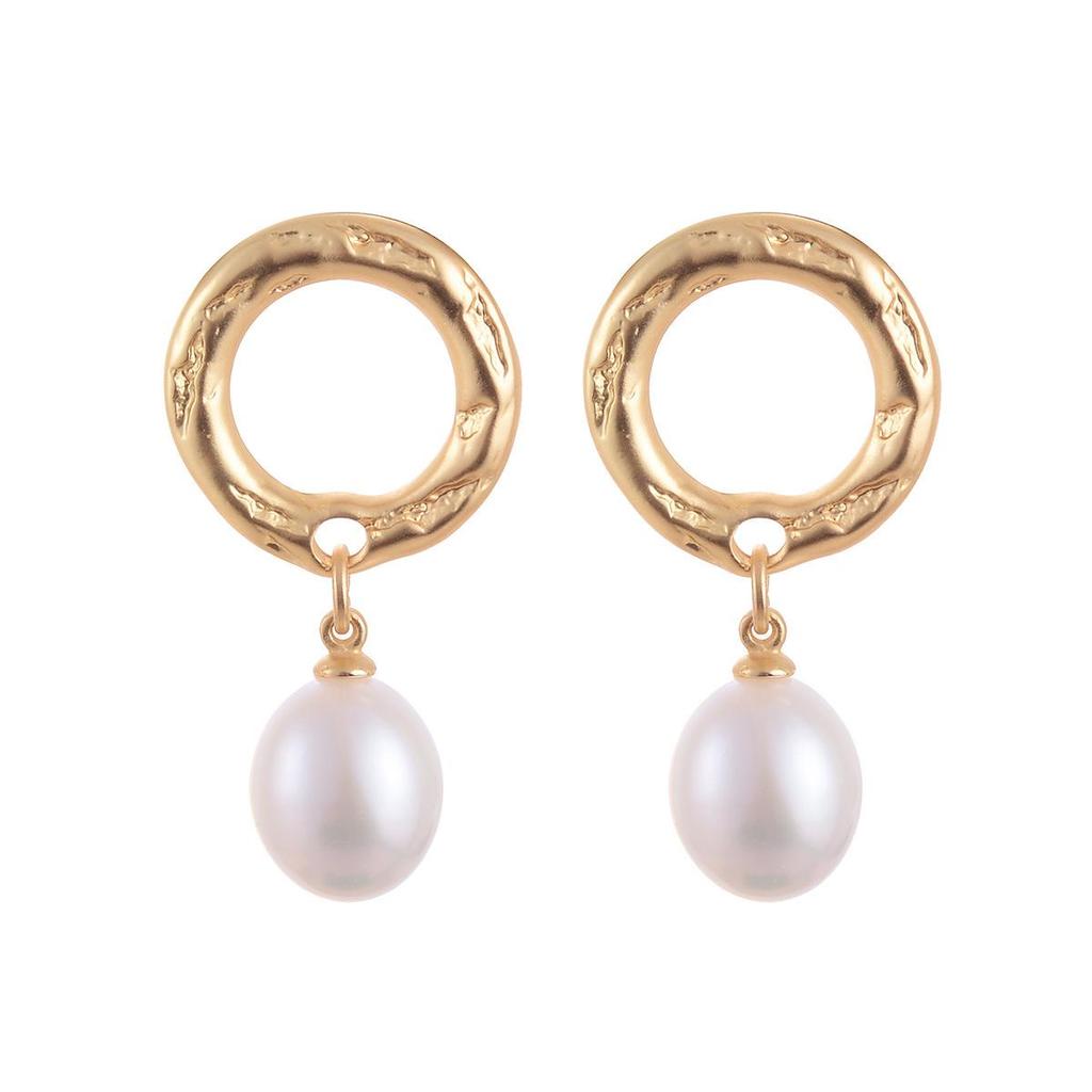 S925 Gold Geometric Circle Stud Earrings with Natural Pearls & Pleated Texture for Women
