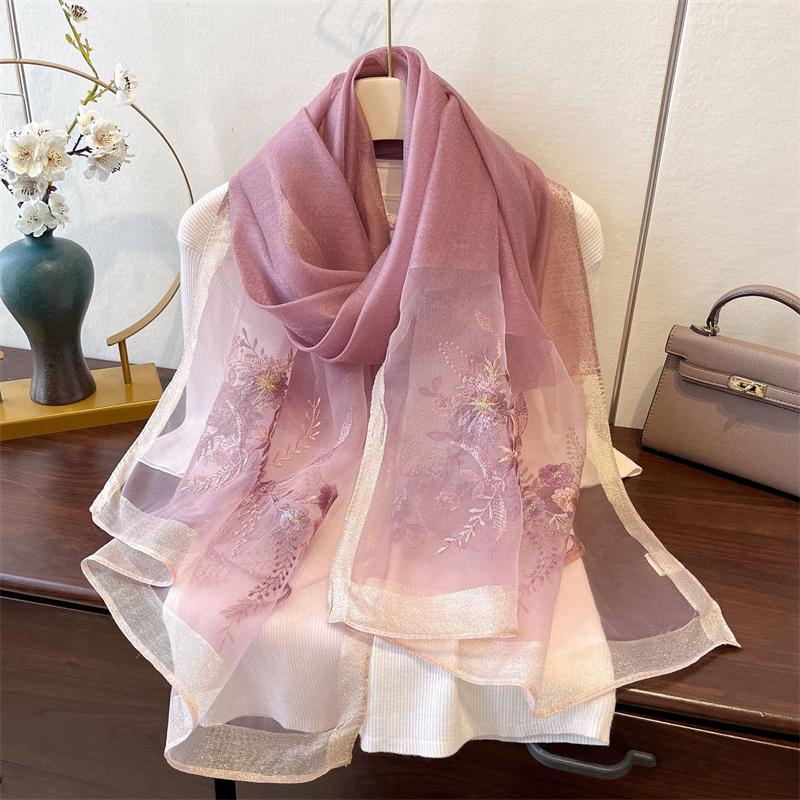 Elegant Long Embroidered Silk Feeling Scarf Women'S Fashion Spring New Style Shawl Wrap Outerwear Trendy Floral Pattern Stylish