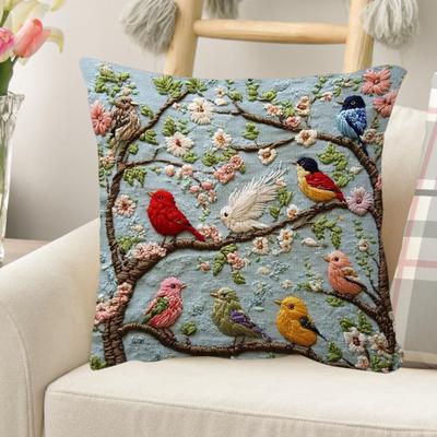 Bestickter Zierkissenbezug Blume Baum Vogel Kissenbezug Dekorativer Kissenbezug mit Reißverschluss für Wohnzimmer Sofa Couch Bett