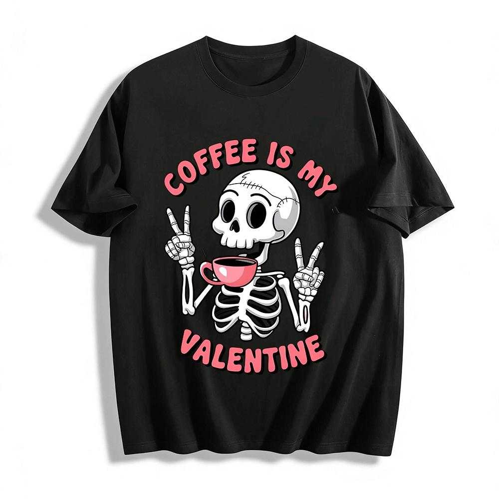 Coffee Is My Valentine Fun Skeleton Print Casual Top Pure cotton T-shirt XXS