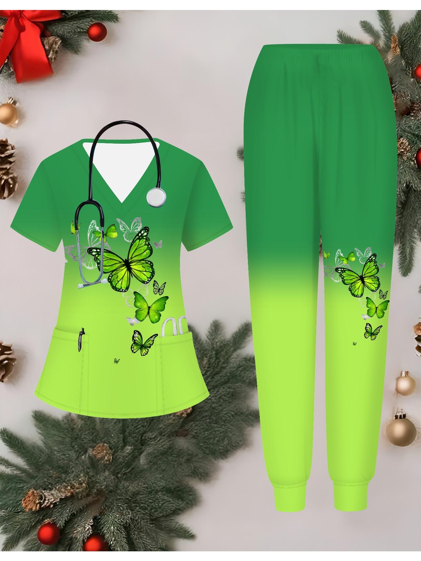 

Жіночий набір медсестри з 3D-принтом метеликів, короткий рукав, довгі штани з кишенями, повсякденний, модний, різдвяний подарунок XL