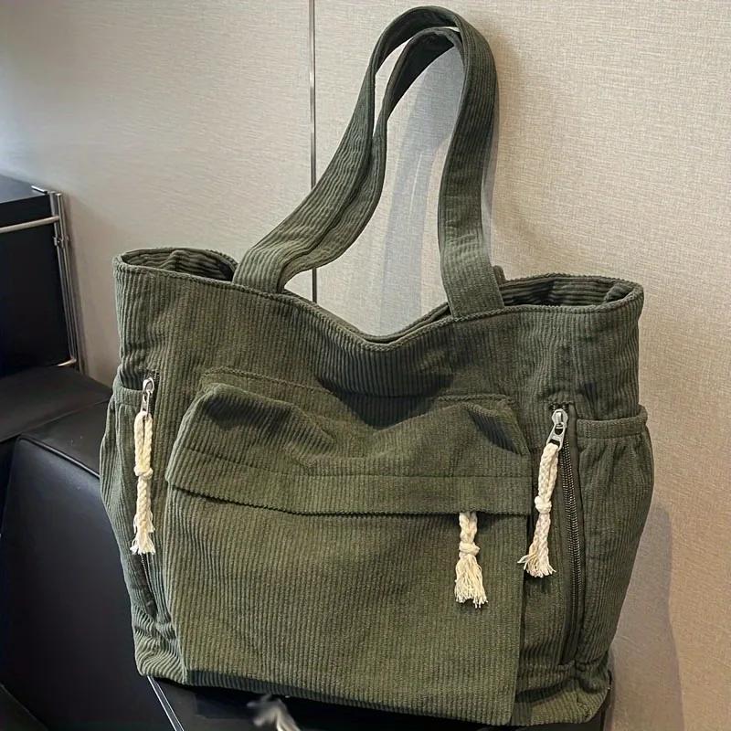 Corduroy Tote Bag with Multiple Pockets Adjustable Shoulder Strap Casual Shoulder Bag for Women, Shopping, Commuting, and Travel