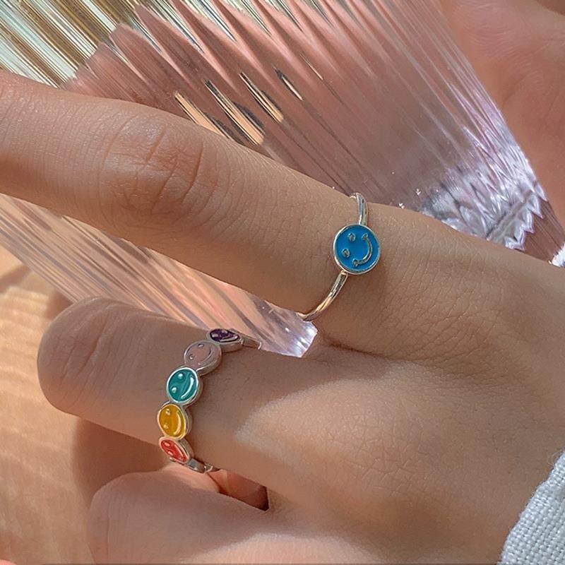 Drip Colorful Chic Glaze Smiley Face Heart Ring For Women Trendy Adjustable Copper Finger Jewelry