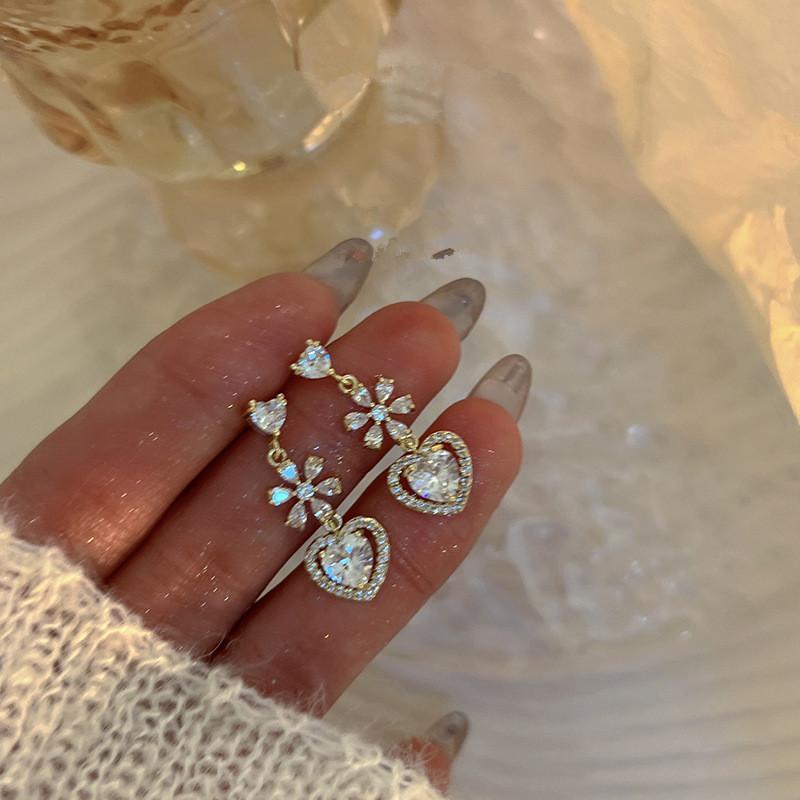 Fashion Shiny Zircon Flowers Love Heart Tassel Earrings For Women Personality Earrings Wedding Jewelry Birthday Gifts