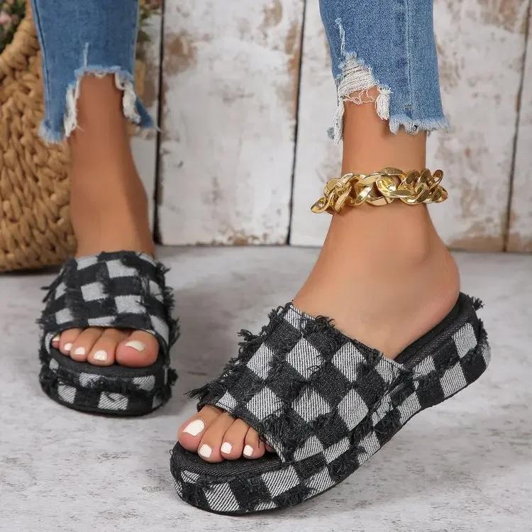 Fashion New Women's Denim Platform Slides Fashion Slip-On Wedges High Heels Summer Sandals Women Casual Leisure Comfy Woman Shoes
