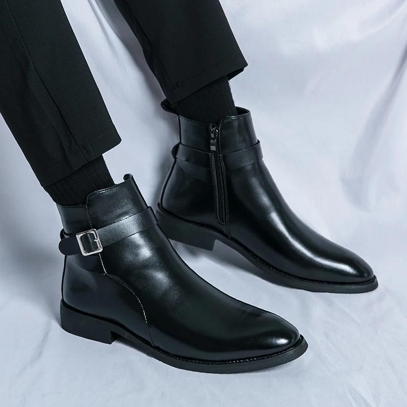 Mode Tout-aller Bottines Homme Cuir Souple Fermeture Éclair Latérale Chaussure d'Affaires Chaussures de Ville Élégantes Formelles Marche Botas Slip on Homme Bottines Chelsea