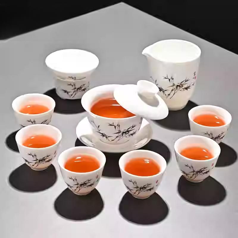 Goat Jade Tea Set Kung Fu Set Chinese Light Luxury Tea Calendars Teacups Office White Porcelain Teapot Covered Bowl Set