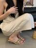 Fashion Square heel Slippers Women Summer Shoes Pantofle Low Glitter Slides Block 2025 Jelly Rubber Crystal Hoof Heels Fabric Rome PU