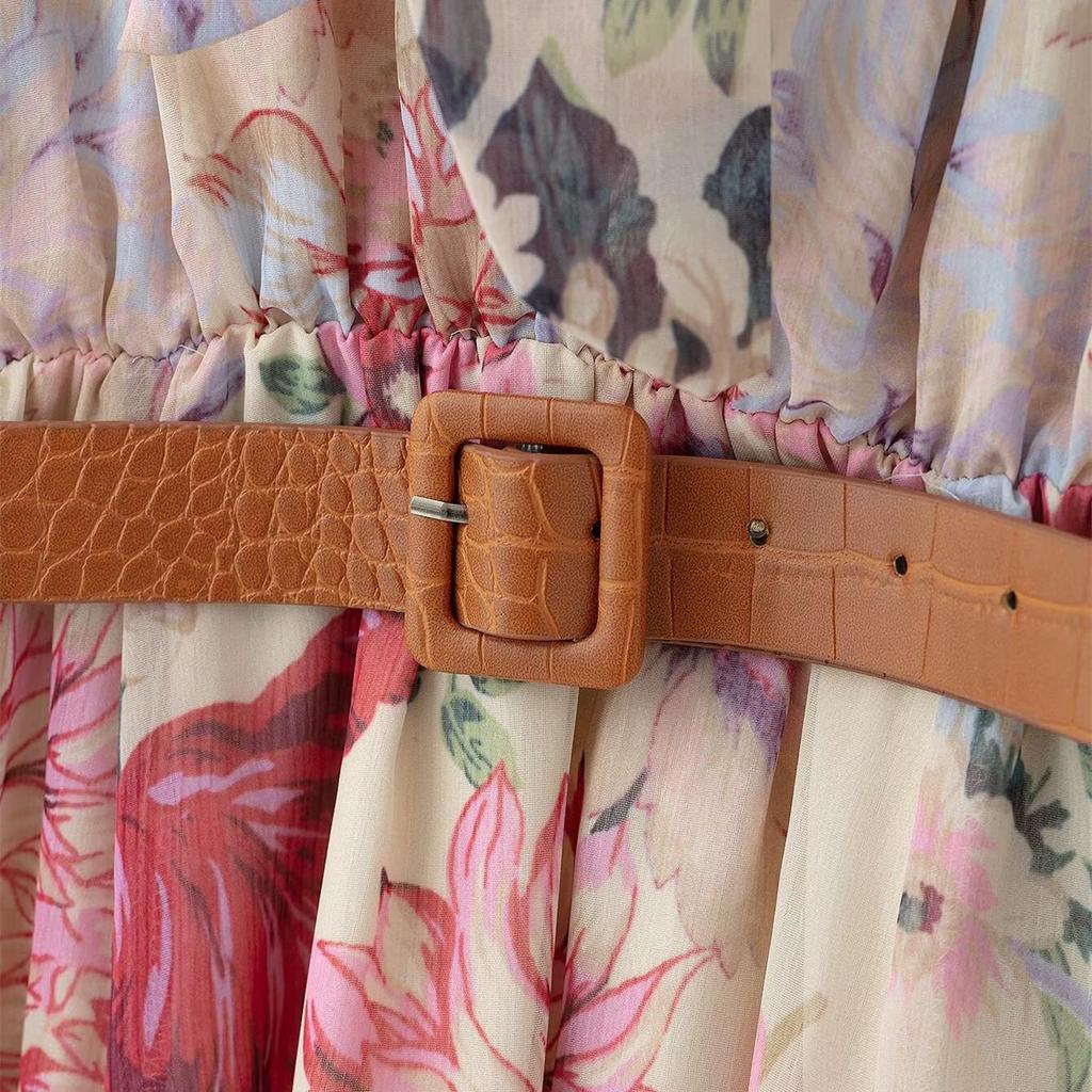 Spring 2025 Floral Print Belted Midi Dress with Bow Collar and Long Sleeves for Women.