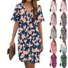 Women's Summer Floral Print Dress Pleated Short Sleeve V-Neck Pocket Casual Dress