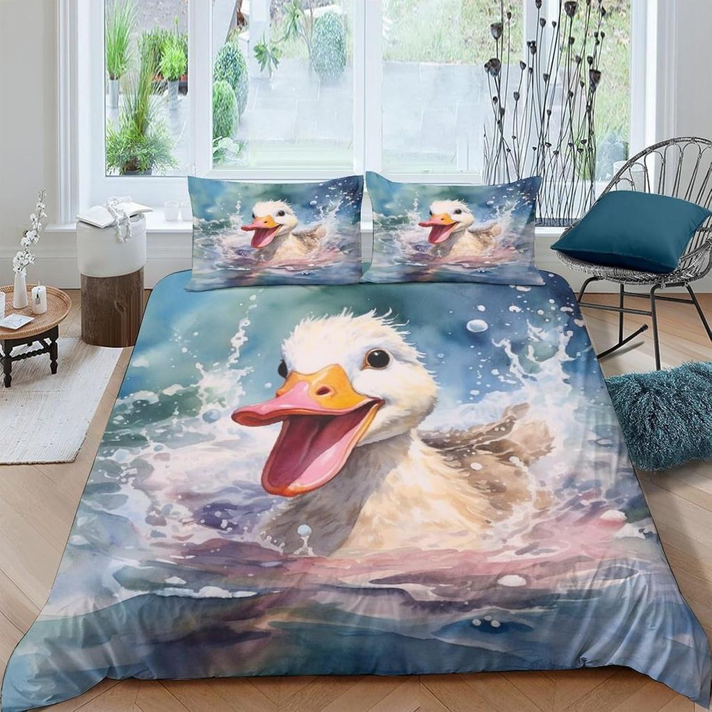 Duck Cartoon 3D Printed Duvet Cove, Microfiber Easy Care Bedroom Decor Funny Animal Illustration Comforter Cover And Pillowcase