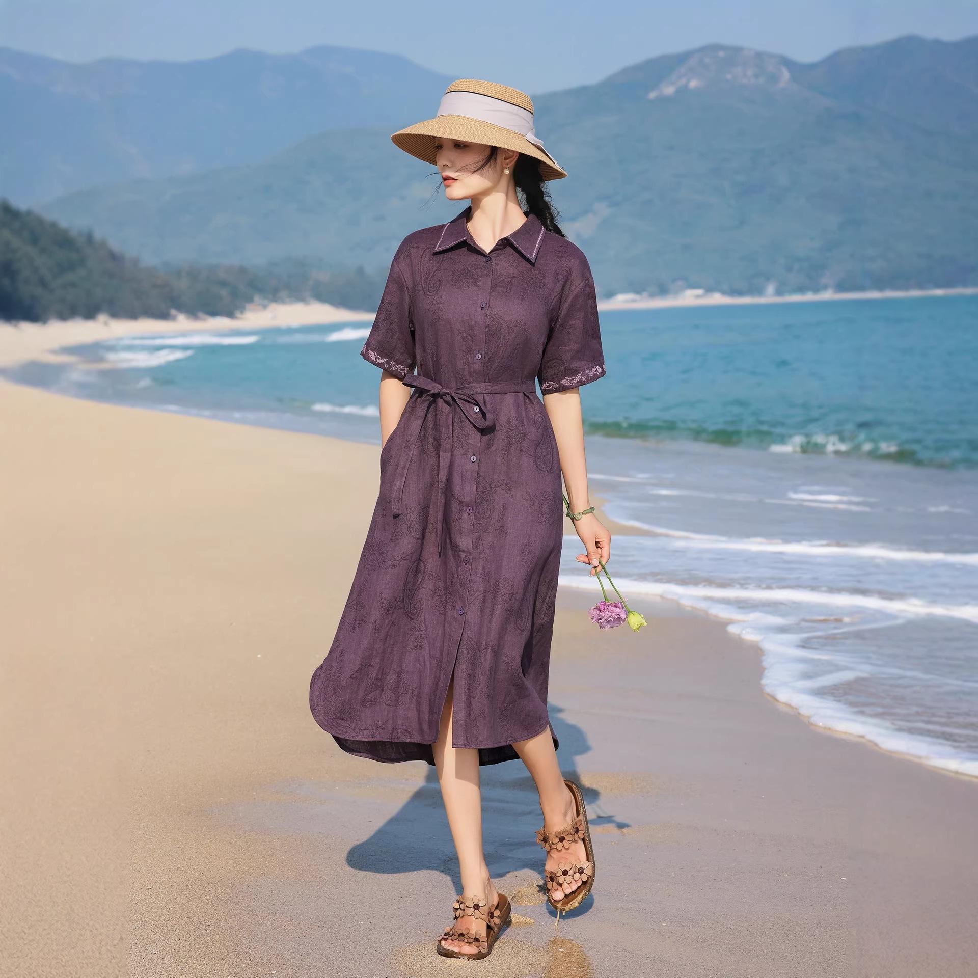 2026 Spring/Summer Artistic Women s Embroidered Linen Mid-Sleeve Mid-Length Retro Dress Medium