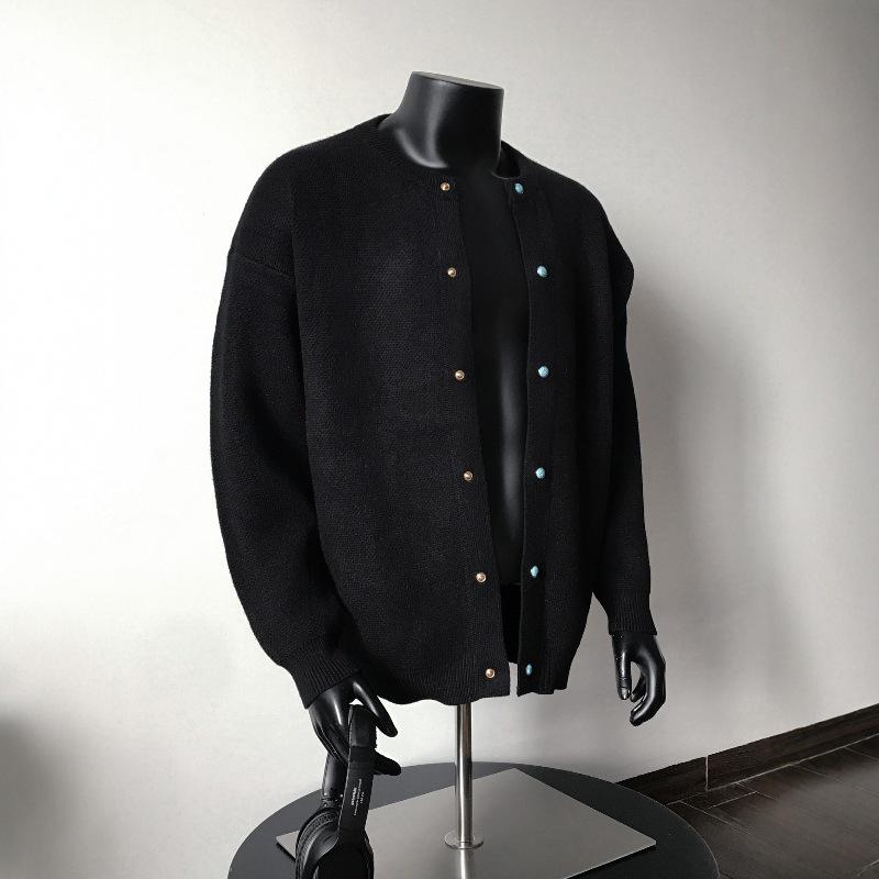 QAGO Turquoise Color Block Button Cardigan Sweater for Men - Autumn American Old Money Style Knitwear