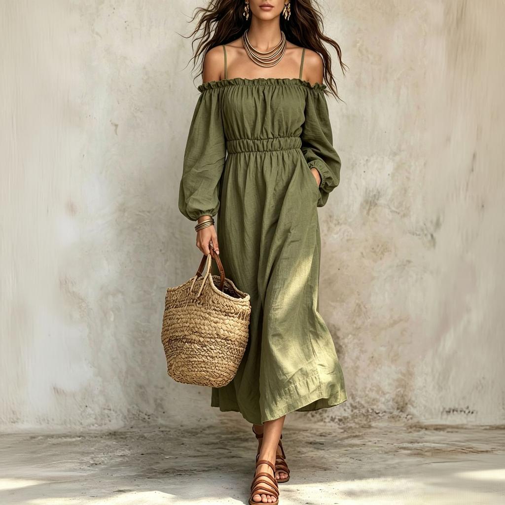 Women's Cotton Linen Off Shoulder Spaghetti Strap Ruffled Maxi Dress Loose Fit Vacation