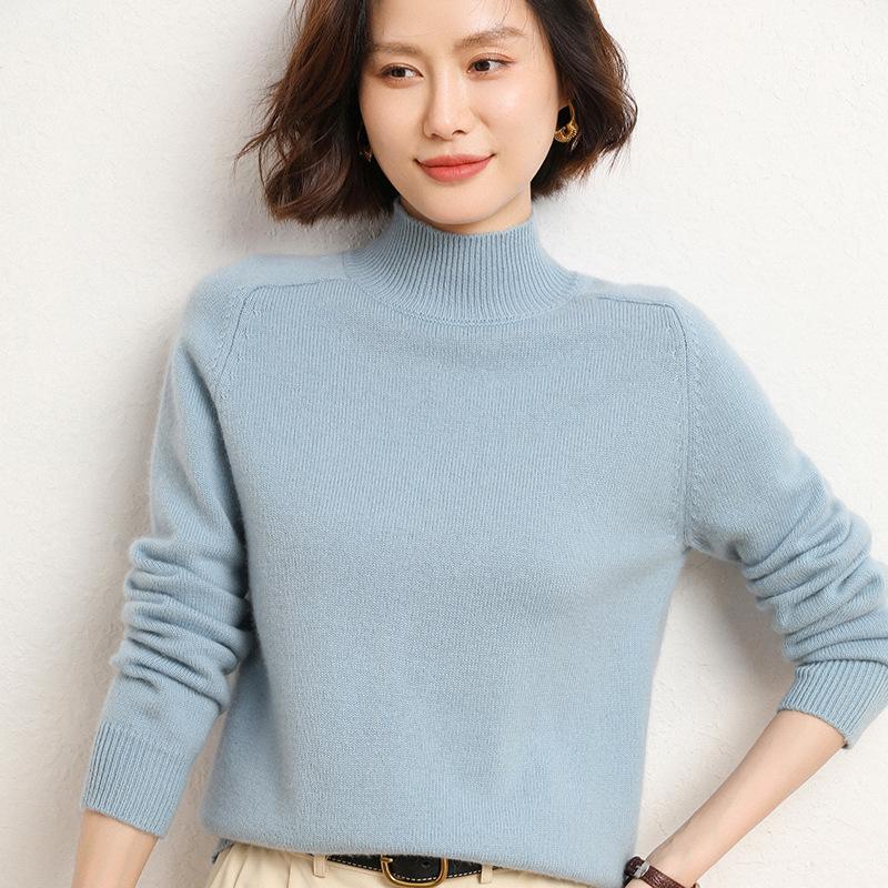 Women's 100% Wool Thickened Saddle Shoulder Sweater – Soft and Warm Half-High Neck Knitwear for Autumn and Winter