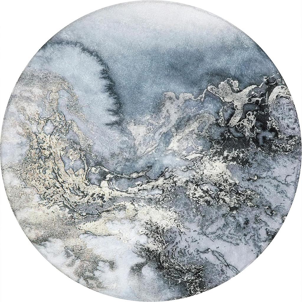 Round Ink Wash Art Carpet - Ethereal Mountain Mist Texture, Handpainted Abstract Rug for Zen Living Room, Meditative Decor
