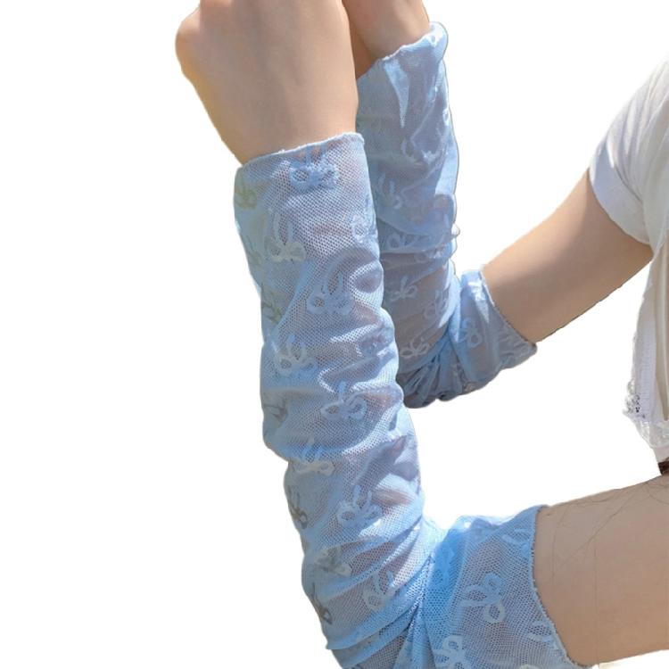 Womens Ultrathin Arm Leg Warmers Sweet Bowknot Pattern Solid Color Long Fingerless Gloves Ice Silk Arm Leg Sleeves Cover