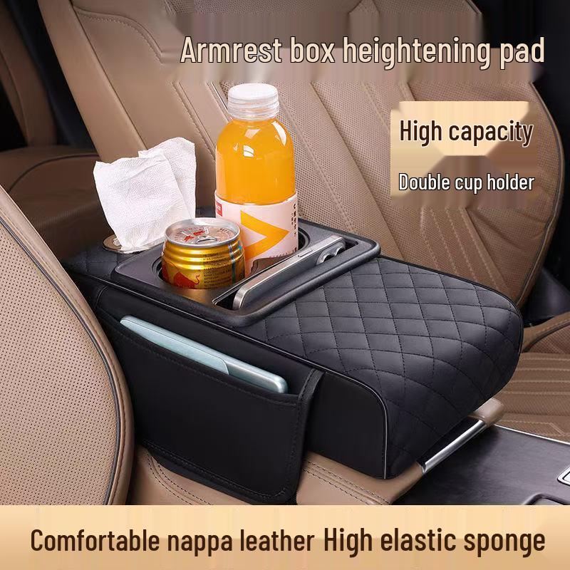 Nappa Leather Car Armrest Storage Pad with Double Cup Holders & Phone/Tissue Slots