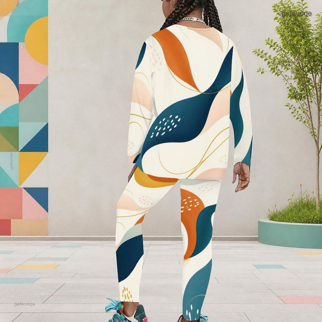 Girls Abstract Printed Round Neck Long Sleeve Top And Fitted Pants Two Piece Set