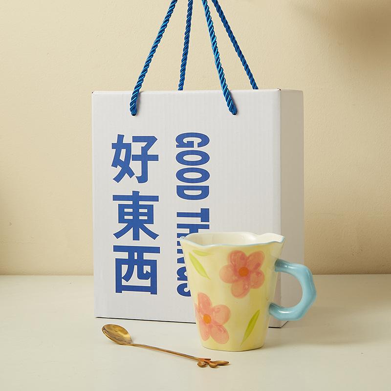 Creative Hand-Squeezed Small Fresh Tulip Mug Hand-Painted Flower Ceramic Cup Office Gift Box Coffee Milk Cup