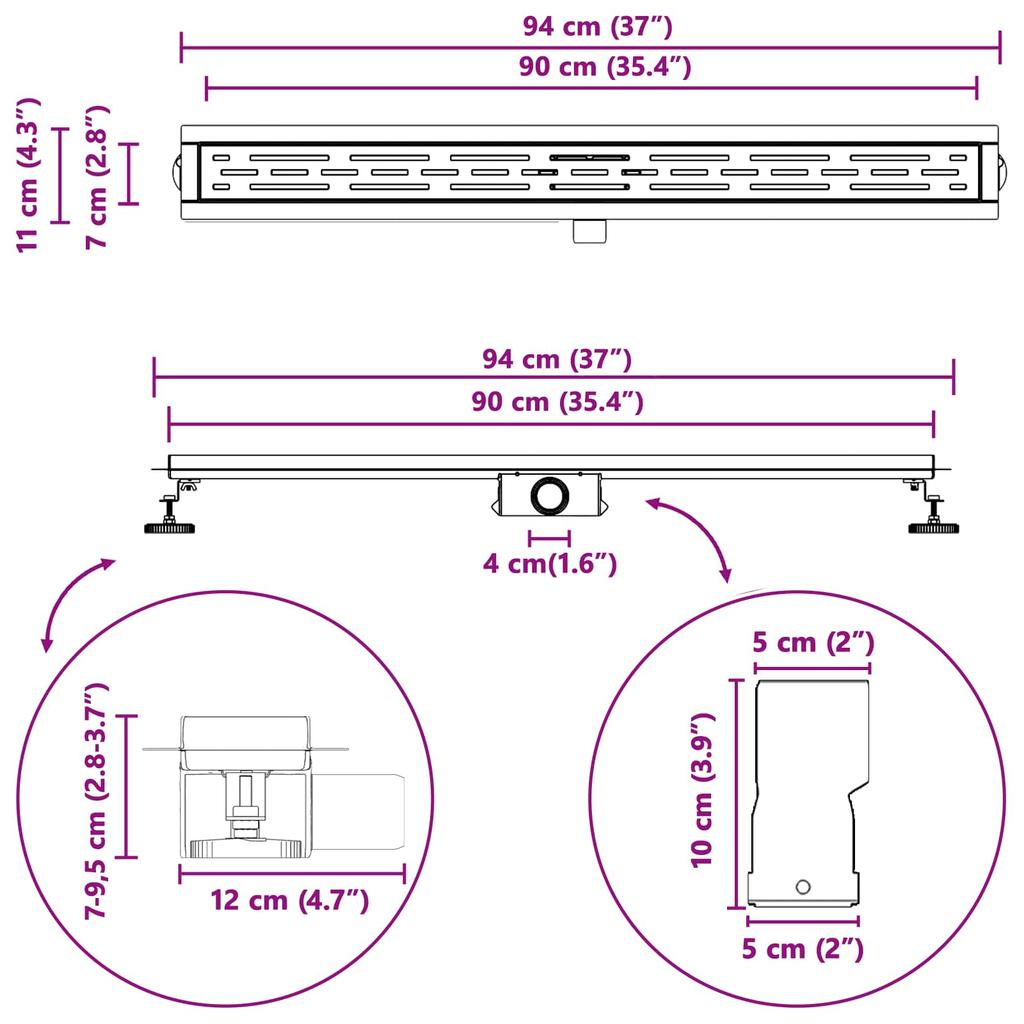 Linear Drain Shower Drain Silver 90 cm Stainless Steel 304