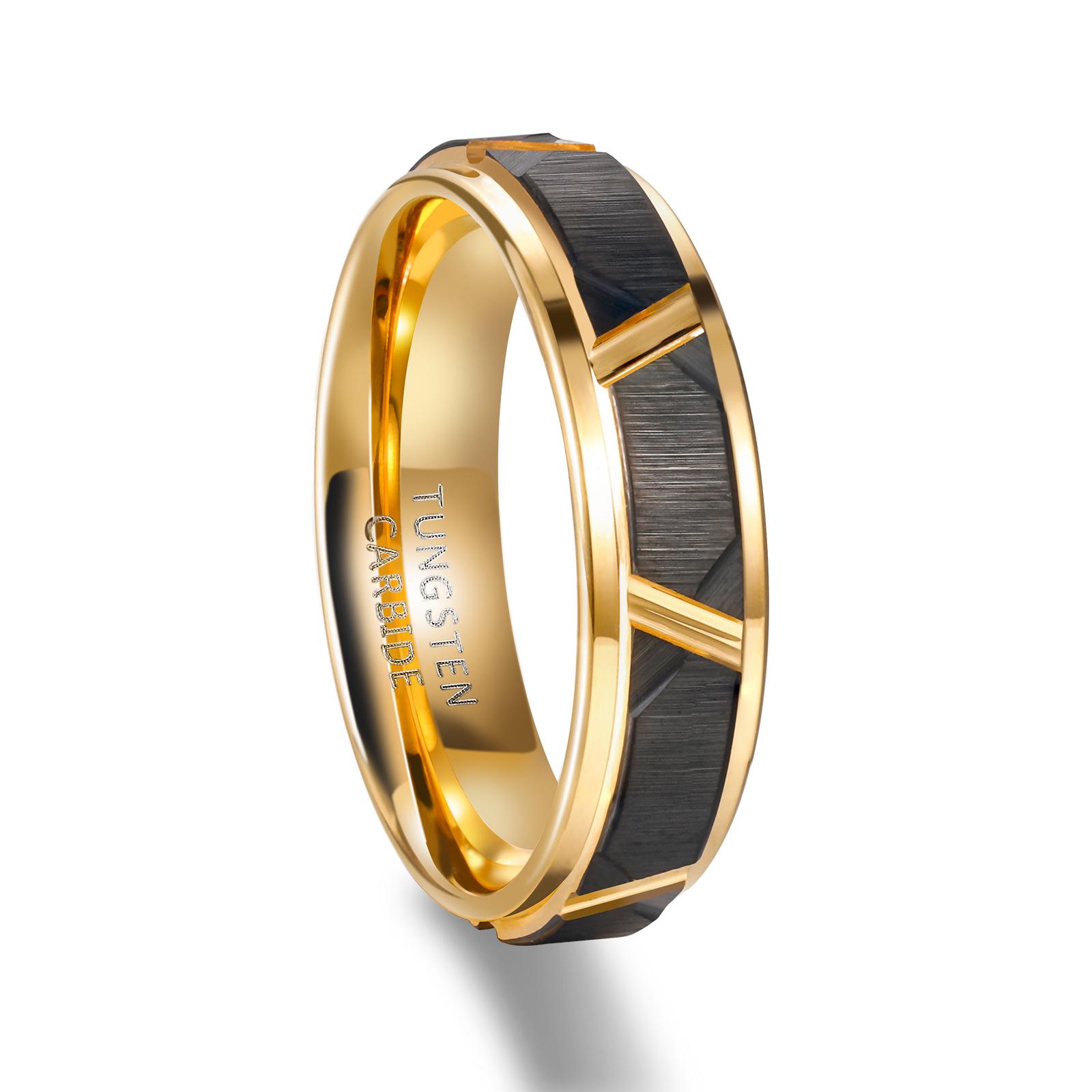 Men s Tungsten Steel Ring: Groove Design in Black and Gold, 6/8mm Wide, Trendy and Stylish. US 6