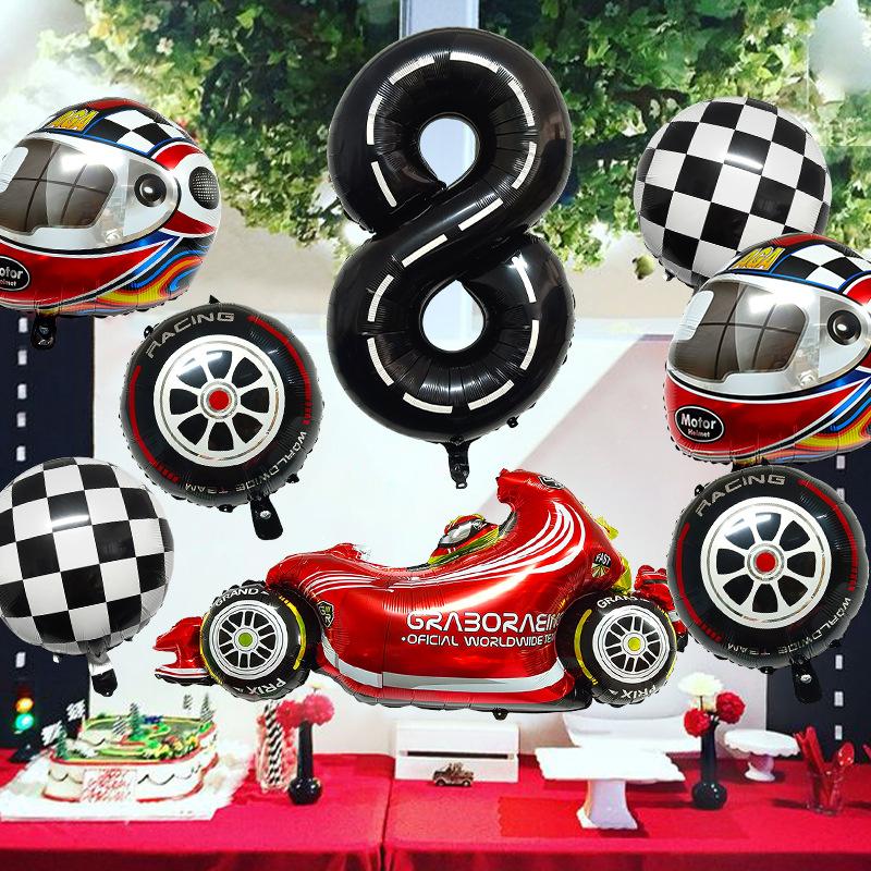 8 Pcs Racing Party Decoration 40inch Black Number Balloon Plaid Balloon Tire Balloon Striped Racing Tire Grid Digital