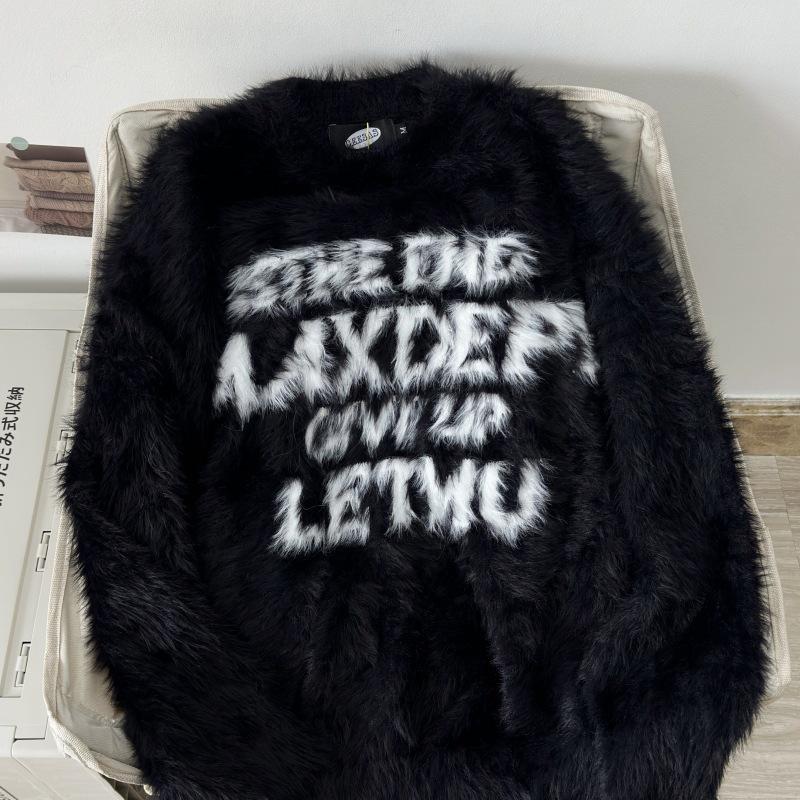 

Unisex Retro Faux Mink Fur Sweater - Autumn/Winter Loose Fit, Lazy Style Round Neck Knitwear 2XL чорний