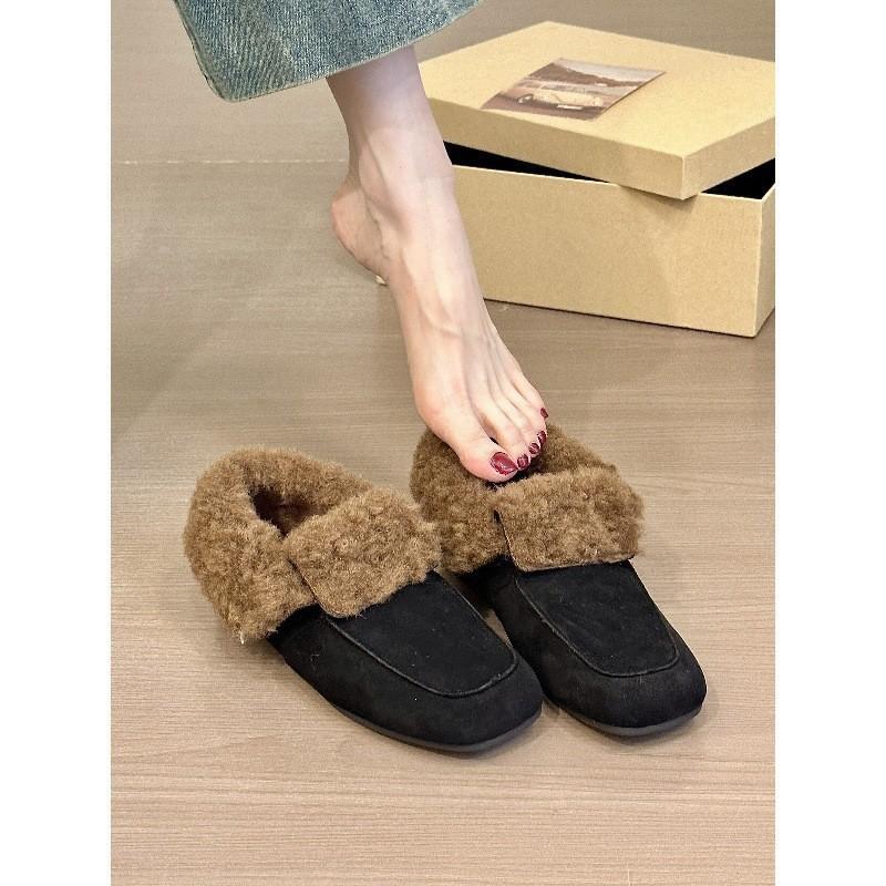 

Winter retro suede square head loafers, women s one-pedal flip and fleece outer single shoes 40 чорний