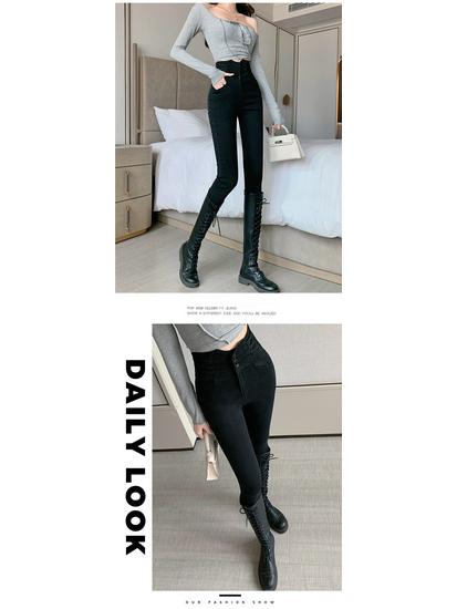 Jeans Skinny Grigio a Vita Alta con Fodera in Pile da Donna - Pantaloni a Matita Snellenti Autunno/Inverno 2025