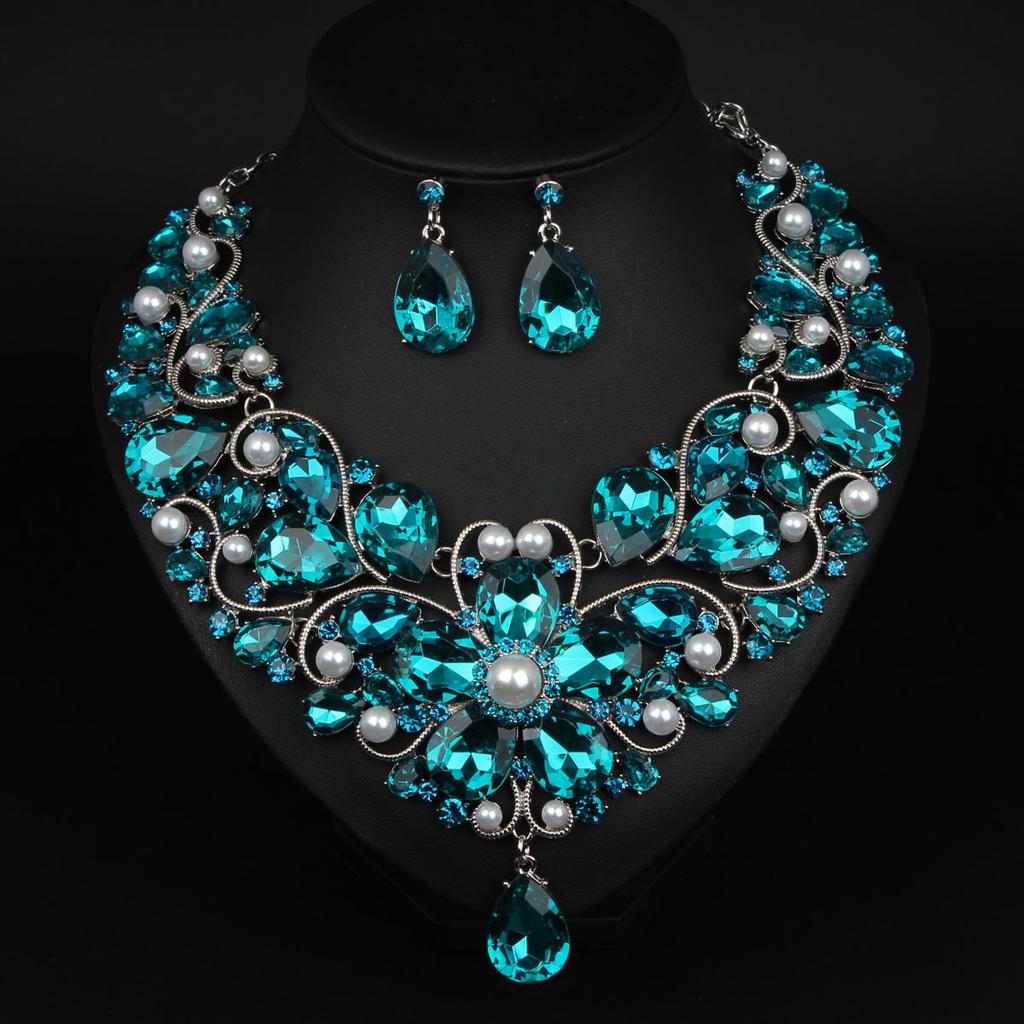 Exaggerated Crystal Flower Water Droplet Necklace Earring Set Women Dress Banquet Accessories