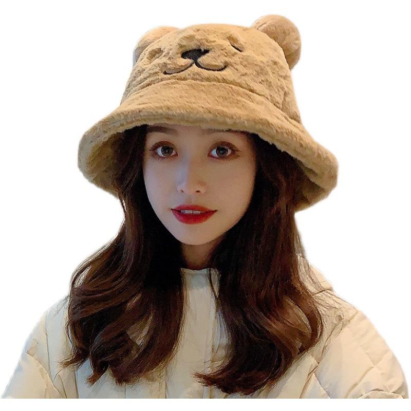Thickened and Warm Korean Version of Autumn and Winter Sweet and Cute Embroidered Ears Showing The Face of The Bear Plush Pot Hat