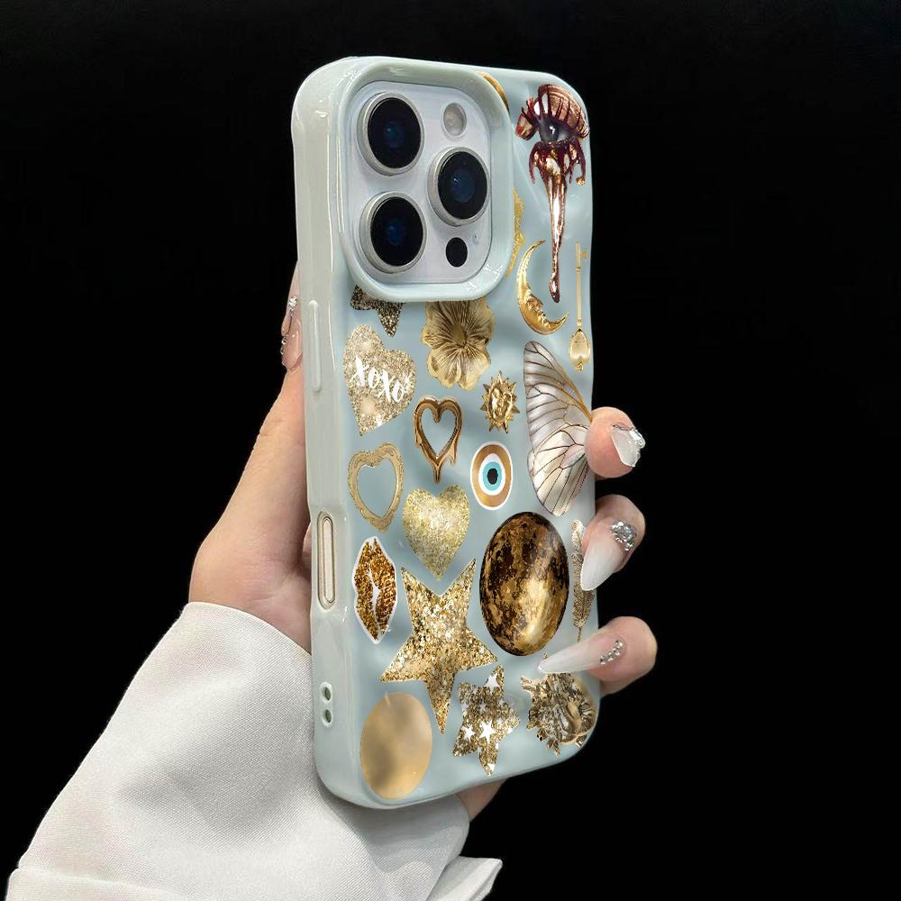 

Luxury Golden Star Collage Phone Case For iPhone 17 16 15 14 13 12 11 Pro Max 14 Plus 17 Air Wrinkle Wave Soft Silicone Cover iPhone 12