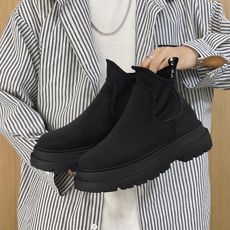 2025 Black Leather Men's High-Top Martin Boots: Trendy British Style Motorcycle Chelsea Boots