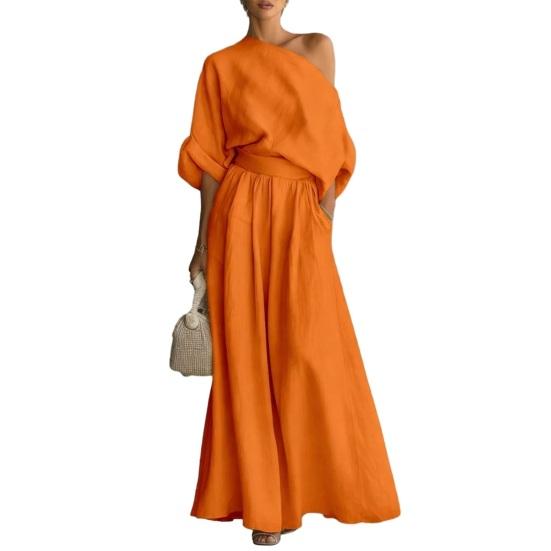 

2 шт./комплект Женский летний наряд Топы с открытыми плечами, коротким рукавом, Высокая талия, Свободные, Широкие штаны, Длинный костюм, Однотонный костюм для отдыха L оранжевый