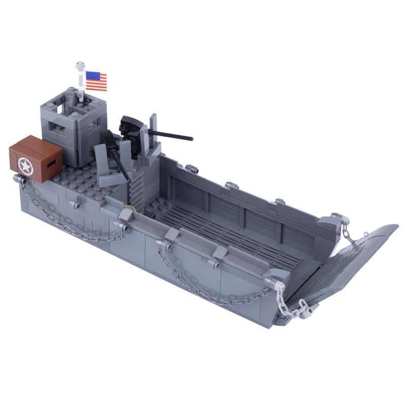 WW2 USA LCM3 Landing Craft Building Blocks Military Warship Model Soldier Weapon Boat Army Car Model Educational Toy for Childs