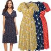 Women Neck V Boho Floral Midi Dress Short Sleeve Summer Beach Sundress Casual