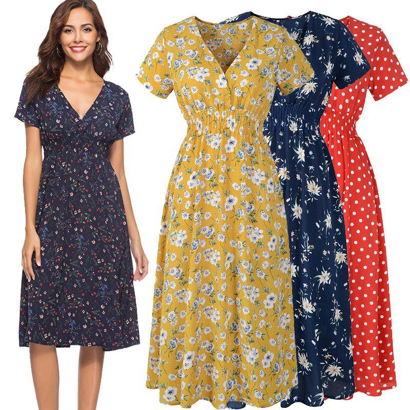 Women Neck V Boho Floral Midi Dress Short Sleeve Summer Beach Sundress Casual