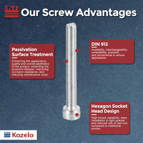 Kozelo 10pcs M6 Hex Socket Bolts, 304 Stainless Steel, 1 X 50mm, Fully Threaded Cap Screws, Allen Socket Drive, Hex Screws for Machinery, Equipment Re