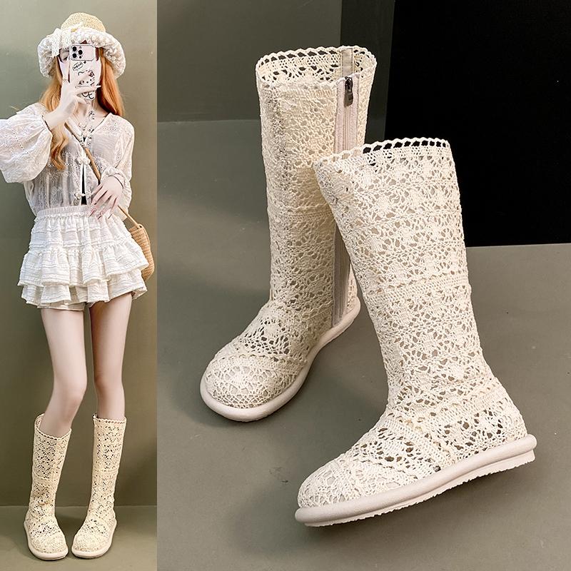 

Мода 2025 полые сапоги дышащая обувь модная сетка вязаная линия высокая голень летние женские сапоги до колена труба женская обувь 39