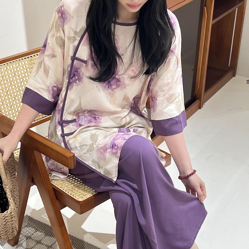Improved Hanfu cotton and silk pajamas women's spring and summer thin printing can be worn outside loungewear loose high-end cotton silk suit