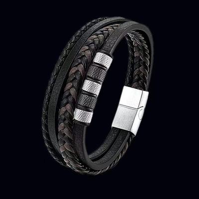 Herren Handgefertigtes Mehrschichtiges Armband aus Schwarzem Rindsleder und Titanstahl