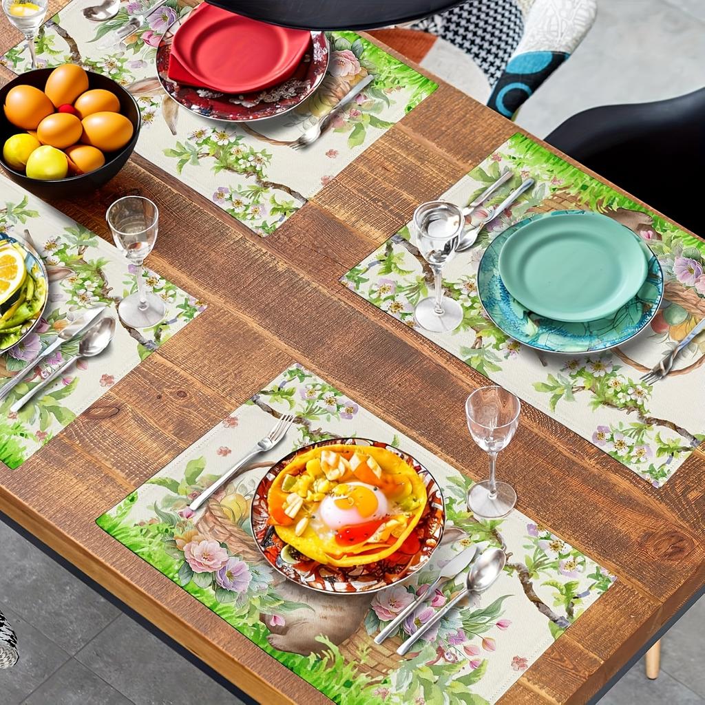 4pcs Easter Rabbit Placemats Set of 4 Spring Easter Egg Bunny Flowers Floral Place Mat 12x18 Inch Seasonal Farmhouse Fabric Tabl
