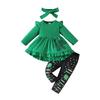 Toddler Girl St. Patrick's Day Green Dress Set with Printed Trousers & Shamrock Headband