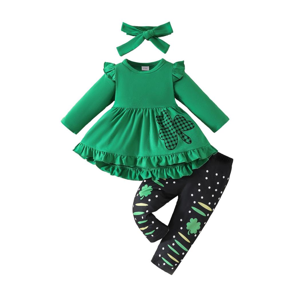Toddler Girl St. Patrick's Day Green Dress Set with Printed Trousers & Shamrock Headband
