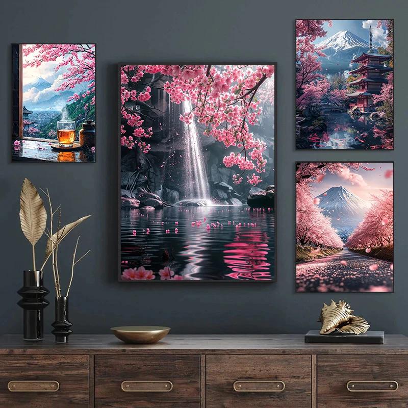 Pink City Asian Travel Japanese Cherry Blossoms At Mount Fuji Poster Light Prints Canvas Painting Wall Pictures Home Room Decor
